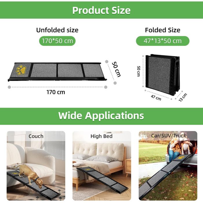 Рампа для собак Hunderampe Auto Klappbar: складана, 170 см, з антиковзким покриттям для собак маленьких, середніх та великих порід. Підходить для авто, SUV, вантажівок, диванів та ліжок