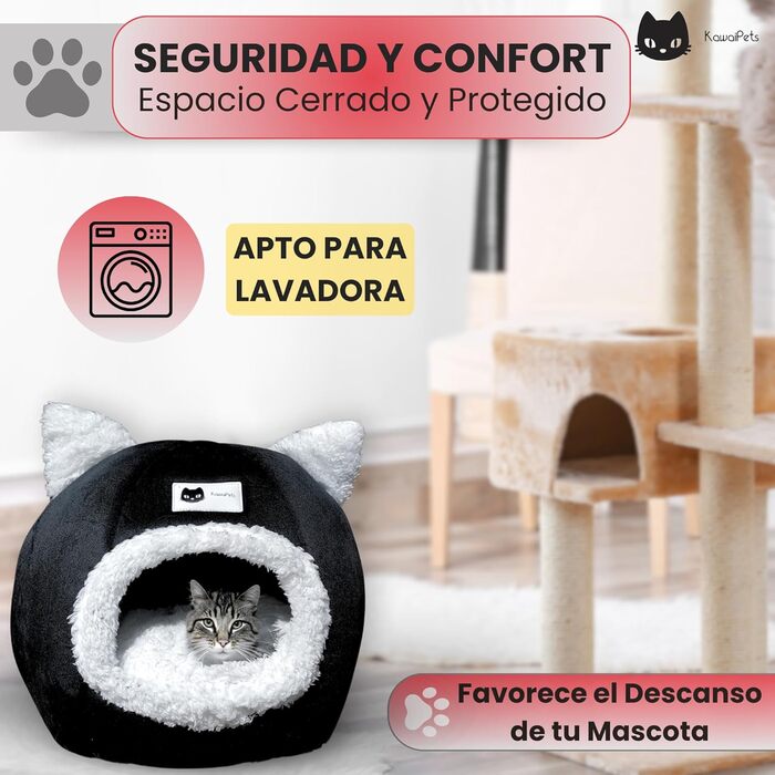 KawaiPets м'яке ліжко-іглу для котів з іграшкою, знімна подушка, подарунковий нашийник