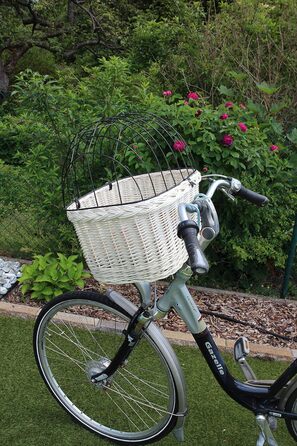 Корзина для собак на велосипедний кермо з ротангу з металевою сіткою та подушкою, білий ротанговий кошик для собак (з подушкою)