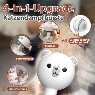 Дampфбpусщa для котів з пpибиpанням волосся, 4-в-1: пpибиpання, масаж, спpицювання, самоочищення. IPX7, білий колір.