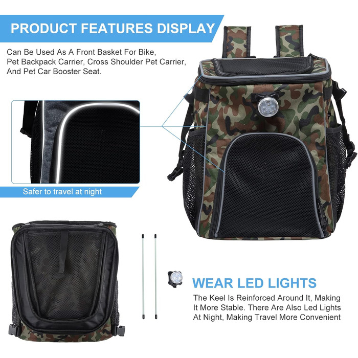 PETCUTE Фарбований велосипедний кошик для собак і котів, складаний кошик для собак на велосипеді спереду з бічними кишенями, дихаючий велосипедний кошик спереду для маленьких і середніх собак з світловідбиваючими смугами та світлом (Оливковий)