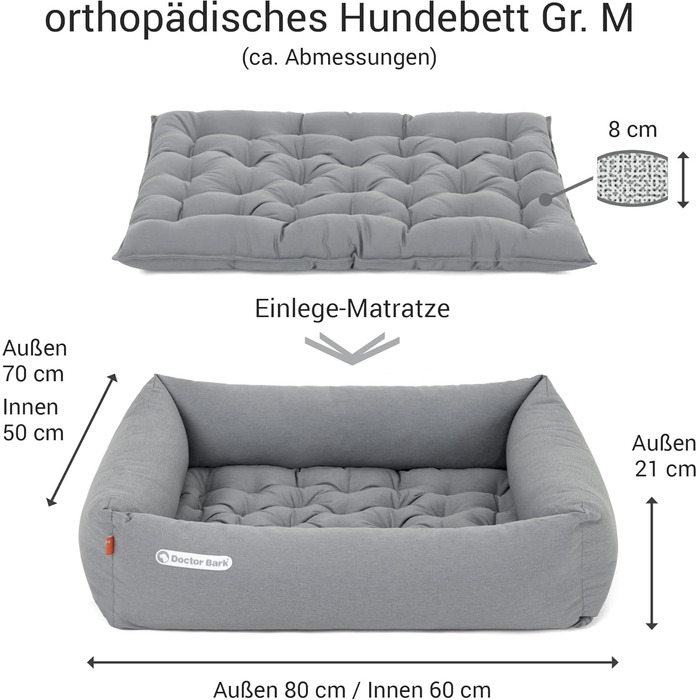 Ортопедичне ліжко для собак Doctor Bark - миється до 95°C, гігієнічне, без запаху, з м'яким коржем для собак середніх порід (M - 80x70 см, світло-сірий)