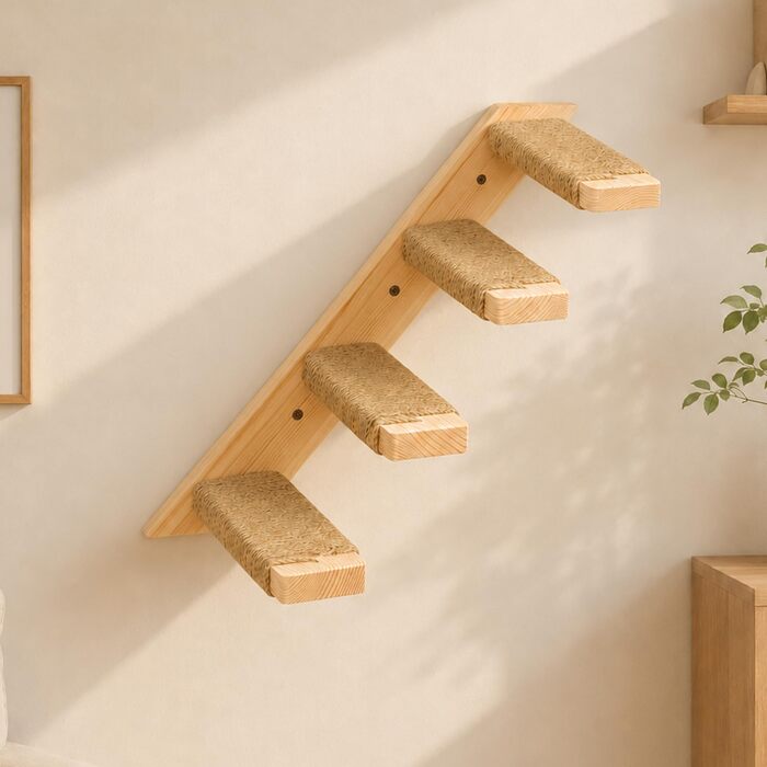 Комплект настінної кігтеточки для котів Katzen Kletterwand: 4 сходинки, 2 майданчики для сну, сосна. Настінна меблі для котів для лазіння, ігор та відпочинку