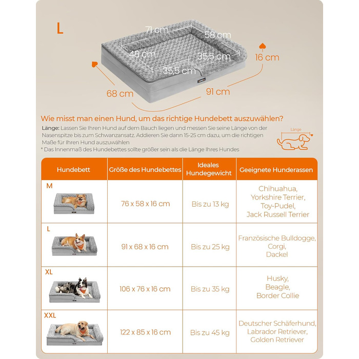 Ортопедичне ліжко для собак Feandrea, середнього розміру, водонепроникне, знімний плюшевий чохол, 91 x 68 x 16 см, сірий (PGW252G01 L)