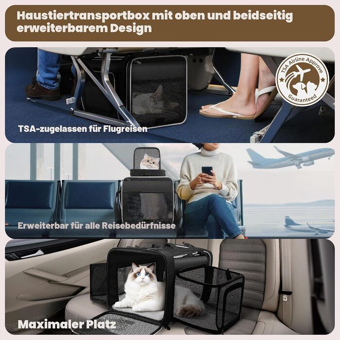 Розширювана сумка-переноска для котів та малих собак TSA Airline Approved (чорно-біла), 43x28x24 см, з самоблокуючими блискавками для цуценят, кроликів та морських свинок