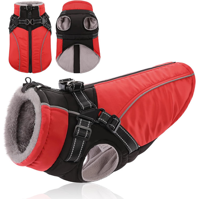 Зимовий теплий одяг для собак: флісова куртка-жилет для собак середніх розмірів (M, обхват грудей 53 см), червона, з кріпленням для повідка та світловідбиваючими елементами