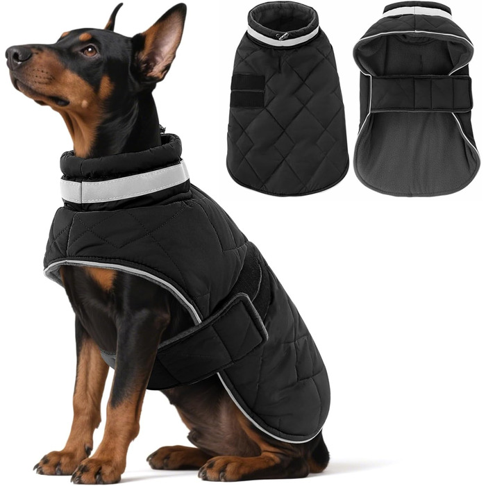 Зимова куртка для собак середнього розміру ASENKU, флісова, водонепроникна, з отвором для шлейки, з відбиваючими елементами, зелена (L, чорна)