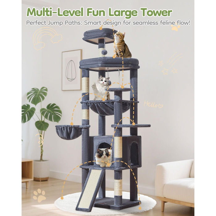 Котячий комплекс Taoqimiao 183 см XXL з будиночком, гамаком, когтеточками та великою платформою (темно-сірий)