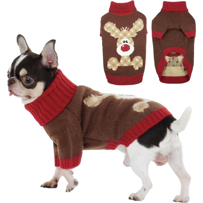 Теплий новорічний пуховик для собак з різдвяним оленем, нашийник-відкривання, для мопсів, дрібних порід (XS, коричневий)