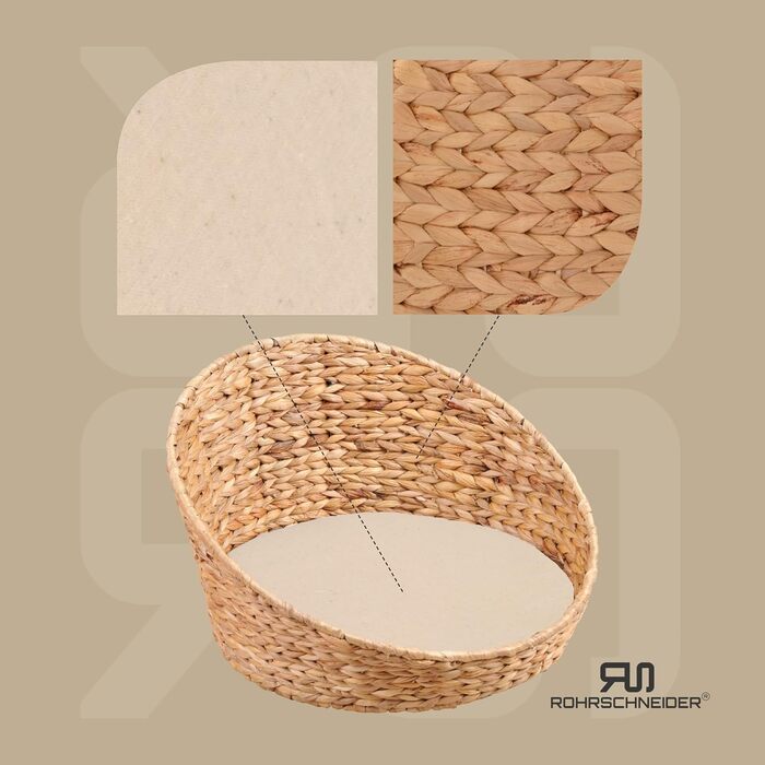 Квіткове ліжко для котів Rohrschneider® з плетеної гіацинту, знімний килимок, миється | Затишне місце для сну кота з високим бортиком