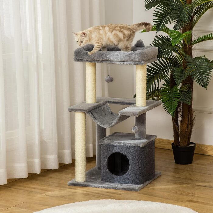 Дряпак для котів PawHut 90 см, з гамаком, ігровий комплекс, котяча хатка, платформи, плюшевий та сизалевий килимок, сірий