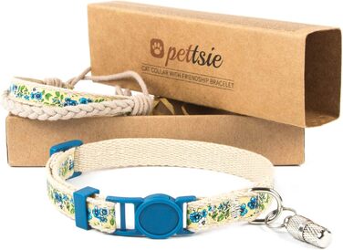 Нашийник для кота Pettsie з безпечною застібкою та браслетом дружби, міцна бавовна, D-подібне кільце для аксесуарів, регульований розмір 19-29 см, (12,7 - 20,3 см, блакитний)