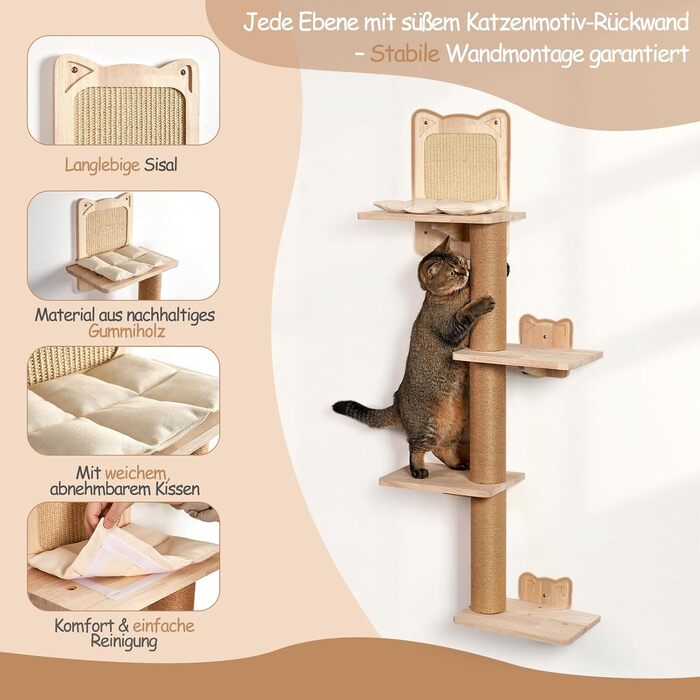 Котячий комплекс на стіну LitaiL Wandkratzbaum: 4 яруси, 110 см, еко-дерево, сірий колір