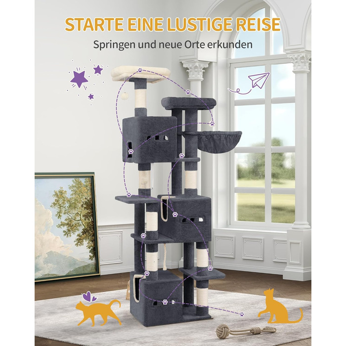 Великий котячий будиночок-кліматизатор, 193 см, XXL, з 7 стовпчиками для шліфування, 3 будиночками, 2 платформами, 2 плюшевими кульками, корзиною, мотузкою для лазіння, багатоповерховий, MS19218LG (темно-сірий)
