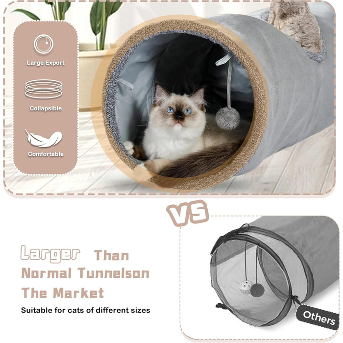 Туннель для котів Mymai з м'якого велюру, інтерактивний шуршачий тунель з 2 іграшками, для кошенят, кроликів та інших дрібних тварин (Хакі, B)