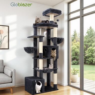 Драбина для котів Globlazer 193 см з будиночком, гамаком, великою платформою та іграшками. Стабільна для 3-5 котів (XXL, темно-сірий)