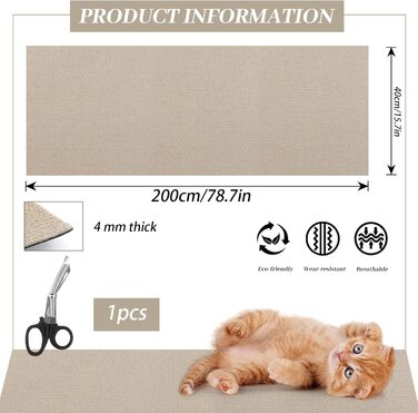 Килимок для дряпання котів, 200x40 см, бежевий. Килимок для стіни, килимок для котів, бежевий