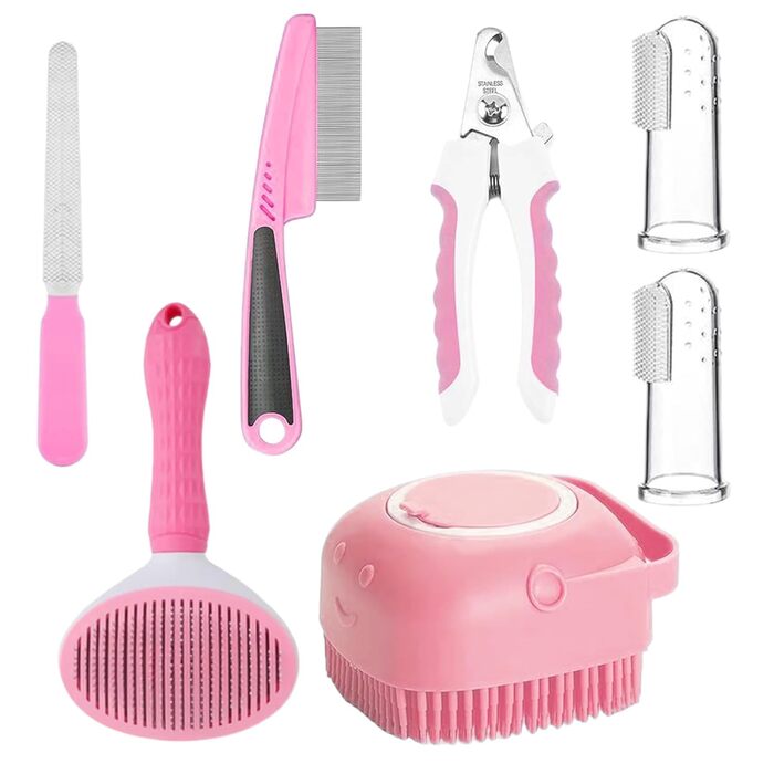 Набір для догляду за шерстю котів та собак: щітка, триммер для нігтів, гребінець від бліх, 2 зубні щітки (рожевий)