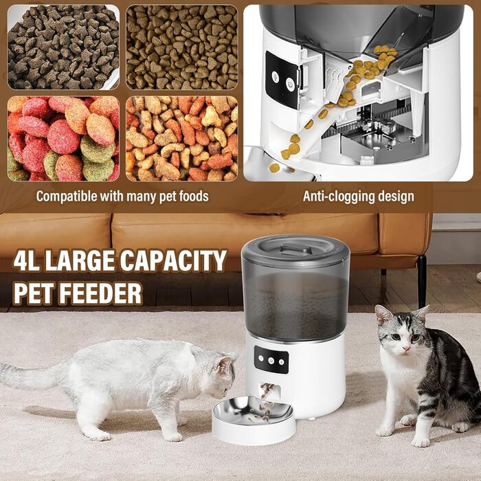 Автоматичний годівник для котів та собак, 4л, з миски з нержавіючої сталі, програмування до 10 прийомів їжі на день, просте керування