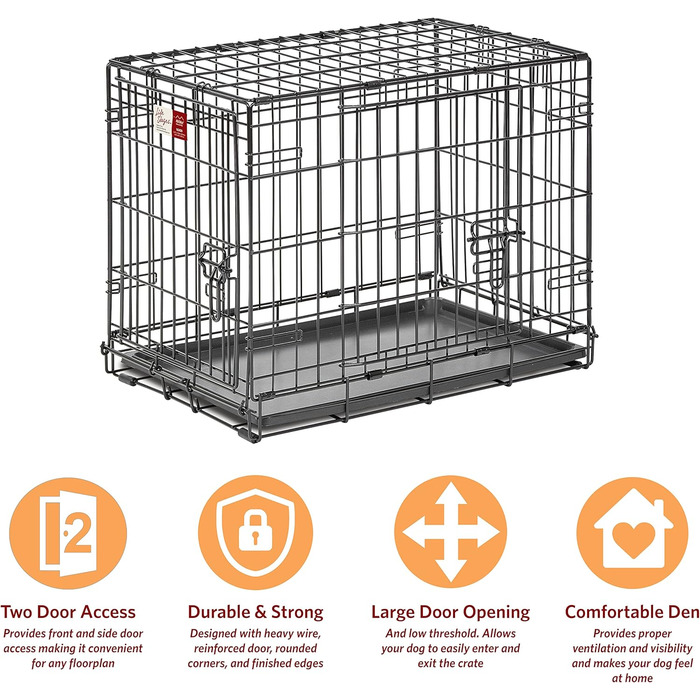 Кія для собак Midwest Homes for Pets Life Stages 1642DDU, велика, з подвійними дверцятами, металева, 107 см, з перегородкою, захист підлоги, вилка, чорна