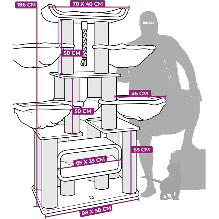 Драбина для котів Petrebels Skyline XXL, 186 см, чорна. Підходить для великих котів, таких як Мейн-кун