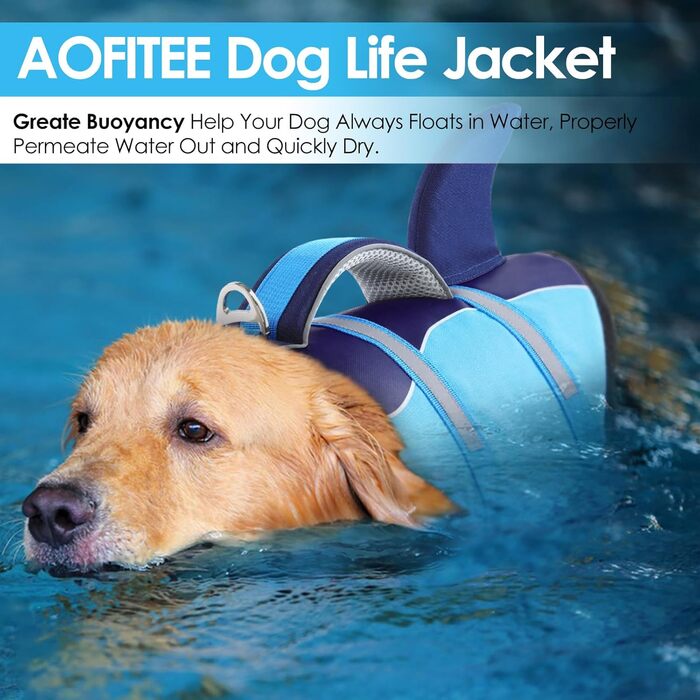Жилет для плавання собак AOFITEE, блакитний, розмір Large, з рятувальним ручками та світловідбиваючими смугами
