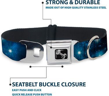 Нашийник Buckle Down для собак із пряжкою, для автопаска, Galaxy Blues, ширина 3,8 см, для шиї 33-46 см, малий, мультиколір