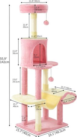 Кліматичний комплекс для котів YITAHOME XXL, 142 см, рожевий, з 8 стовпчиків сизалю, 3 платформи, 2 печери, гамак, іграшки, когтеточка, для дому