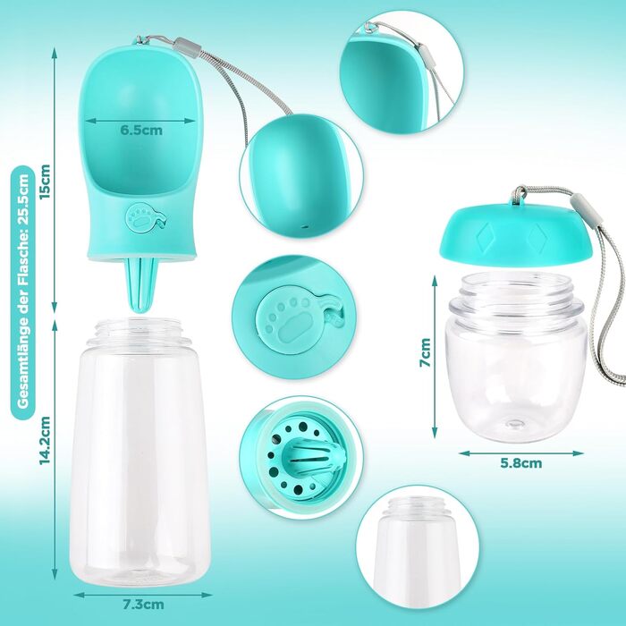 Водачка для собак великої ємності 550 мл з контейнером для їжі (100 г) – портативна водячка для прогулянок, подорожей