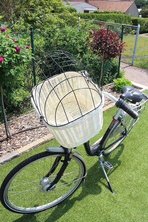 Корзина для собак на велосипедний кермо з ротангу з металевою сіткою та подушкою, білий ротанговий кошик для собак (з подушкою)