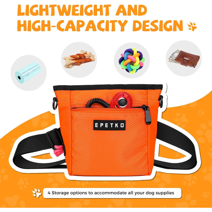 Сумка для ласощів для собак великого об'єму, багатофункціональна, на плечі, з міцним магнітним закриттям, регульований знімний ремінь, сумка для корму для собак (Помаранчевий)