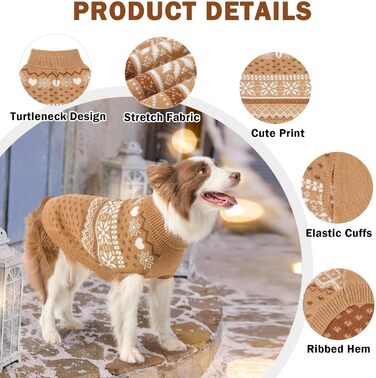 Светр для собак SCENEREAL: теплий, м'який, з ролкрагом, для великих, середніх та маленьких собак, з візерунком сніжинок, хакі, розмір XS (обхват грудей 15-16 дюймів)
