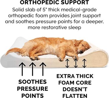 FurHaven Ортопедичне ліжко для собак великих порід знімний, пральний чохол, для собак до 81,6 кг, ультрам'яке штучне хутро та велюр, розкішна лежанка, кремовий колір, розмір 147 x 107 x 23 см