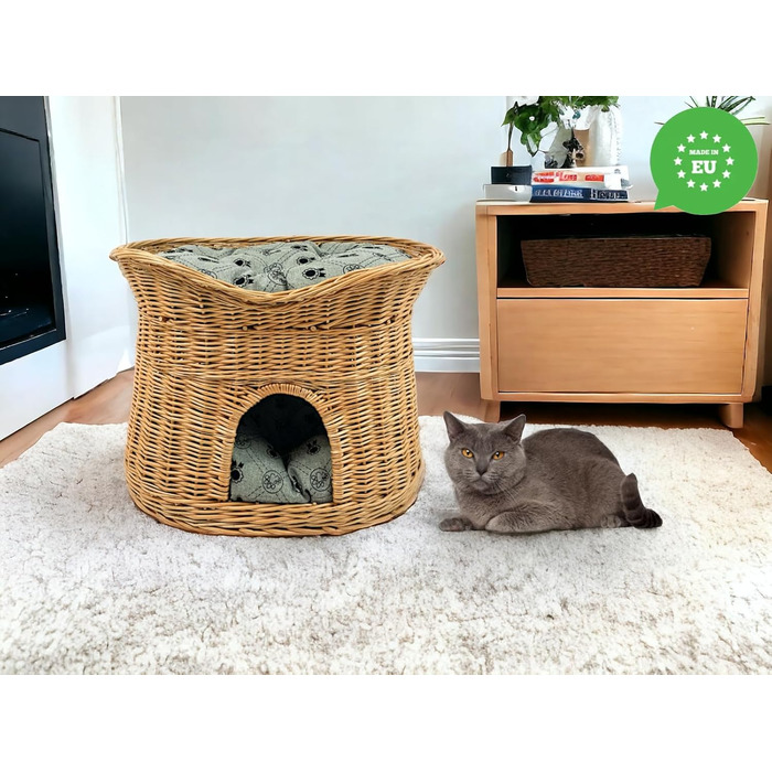Кошик для кота зі спального місця, котяча хата з лози 60 см, двоповерхове ліжко для котів і собак з м'якою сірою подушкою, натуральний колір