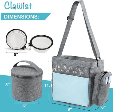 CLAWIST Сумка-переноска для собак з відділенням для ласощів, сумки для собак, дозволені авіакомпаніями, 2 контейнери для корму, 2 дорожні миски, сумка для аксесуарів для собак на вихідні (Small, Сірий/Блакитний)