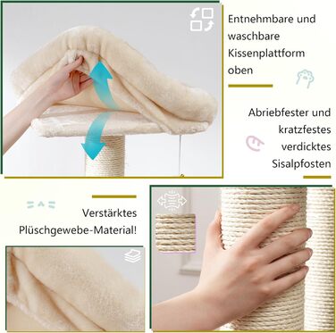 Великий котячий комплекс Hey-brother XXL для мейн-кунів, 168 см, з гамаком, сизалевими стовпами (φ11 см), кігтеточками, 2 платформами, будиночком, корзиною, бежевий EMPJ01M