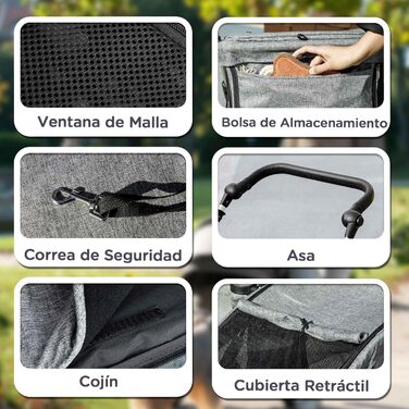 Візок для собак PawHut Faltний, маленький, з універсальними колесами, ременем безпеки, знімним килимком та вікном, сірий/світло-сірий, 80x48,5x106 см