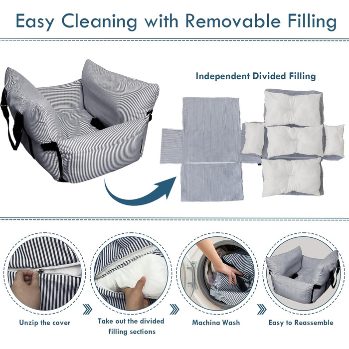 Автокрісло для собак - автокрісло-бустер для маленьких та середніх собак до 18 кг, з ременем безпеки та кишенями для зберігання, миється, антиковзаюча підставка (смугастий морський колір), 30x20.5 дюймів