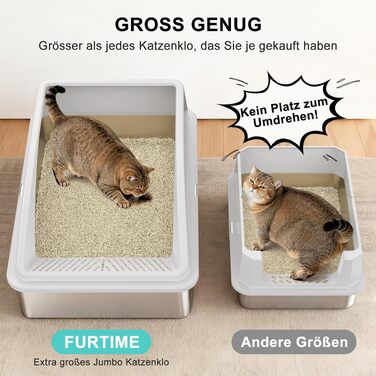Лоток для котів FURTIME XXXL з нержавіючої сталі, екстра великий туалет для котів (71x51x31 см), сріблястий