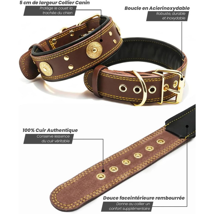 Шкіряний нашийник для собак, 5 см, ручної роботи, преміум якість, для великих та середніх порід, M (38-49 см, золотисто-коричневий)