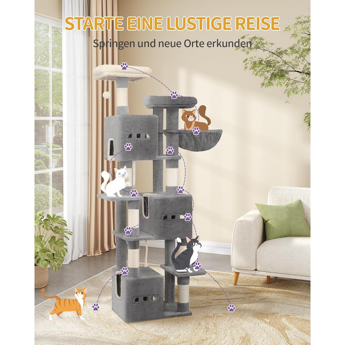 Великий котячий будиночок-кліматизатор, 193 см, XXL, 7 стовпчиків для дряпання, 3 будиночки, 2 платформи, 2 іграшкові кульки, кошик, мотузка для лазіння, багатоповерховий, сірий, MS19218LG
