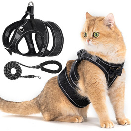 Шлейка та поводок для котів, набір для прогулянок на вулиці, антивислизаюча, регульована, з м'якої дихаючої сітки, легка шлейка для маленьких собак, цуценят, кроликів, чорного кольору