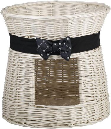 Кругла котяча хатинка e-wicker24 з плетеної лози, двоярусна, з подушкою та стрічкою, котячий оазис (кремовий/чорний)