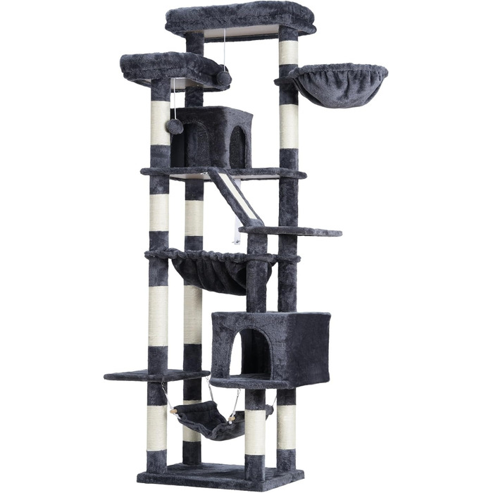 Кігтеточка-вежа для котів Heybly, 180 см, сірий, з 2 платформами, 2 будиночками, 2 гамаками, корзиною та дряпалкою HCT034G