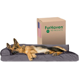 Крісло-лежанка для собак великих порід FurHaven з підголовником та знімним чохлом, плюш та оксамит, L-подібне, сірий колір, Jumbo/XL, 102 x 81 x 20 см