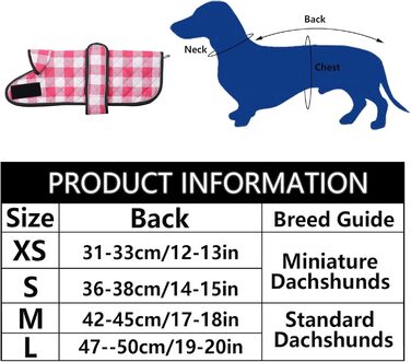 Водонепроникний собачий плащ Geyecete для такс, зимовий, з флісовою підкладкою, регульований, для вулиці, розмір M (довжина спини 42-45 см), в клітинку, рожевий