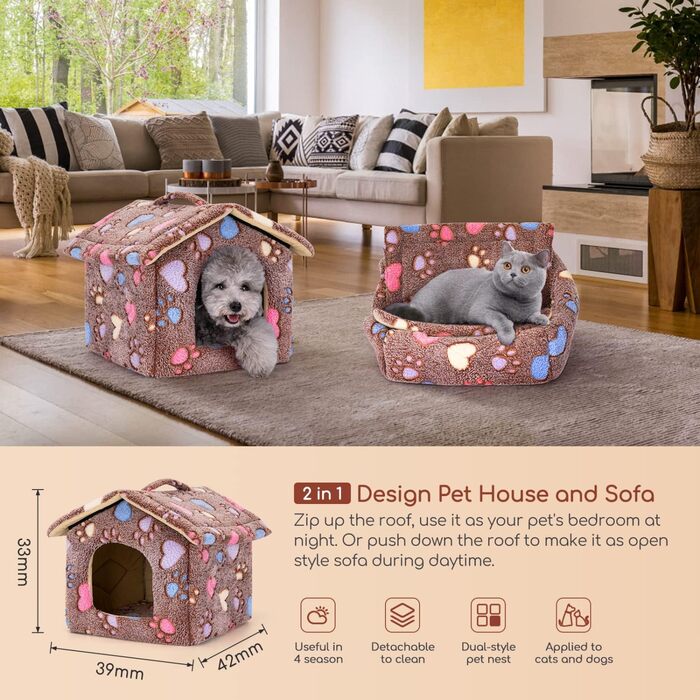 Будка для собак і котів Nobleza, зимостійка, 42x39x33 см, переносний лежак, знімний будиночок, коричнева, з матрацом