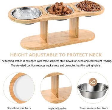 Підвищена годівниця для котів LEKEFETO з 3 мисками з нержавіючої сталі, регульована висота, дерев'яний підставник, годівниця та миска для води для котів та маленьких собак