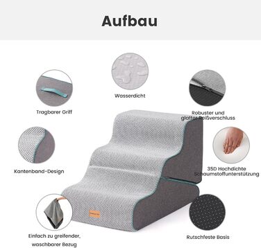 Східці для собак Garder Pet - 35/42 см, 3 сходинки, з високощільної піни, з водонепроникним антиковзким покриттям для ліжка, дивану, софи, сірі