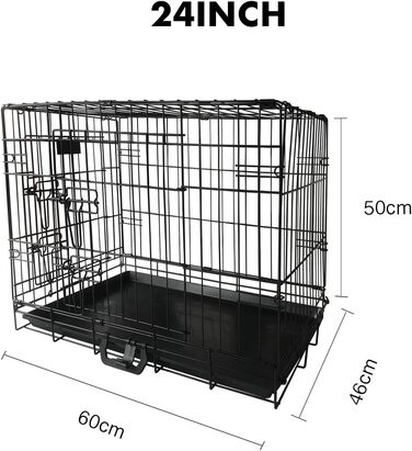 Складаний металевий клітка для собак 60×43×48 см з 2 дверима, транспортний бокс у авто, з піддоном, гратчастий ящик для тварин, малий (24 дюйми)